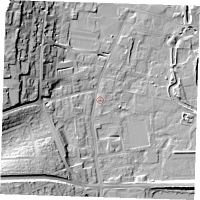 Shaded relief map of the ground around DA11JB, computed from Environment Agency LiDAR. The ground here sits at about 6 m above sea level and falls 23 m across the surrounding 800 m. Surface water reaching this point runs off ground lying to the south-south-west, 7.1 m higher.