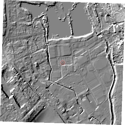 Shaded relief map of the ground around DA11JD, computed from Environment Agency LiDAR. The ground here sits at about 8 m above sea level and falls 26 m across the surrounding 800 m. Surface water reaching this point runs off ground lying to the south-west, 24.7 m higher.