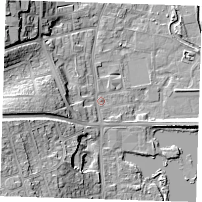 Shaded relief map of the ground around DA11JE, computed from Environment Agency LiDAR. The ground here sits at about 7 m above sea level and falls 23 m across the surrounding 800 m. Surface water reaching this point runs off ground lying to the west, 14.3 m higher.