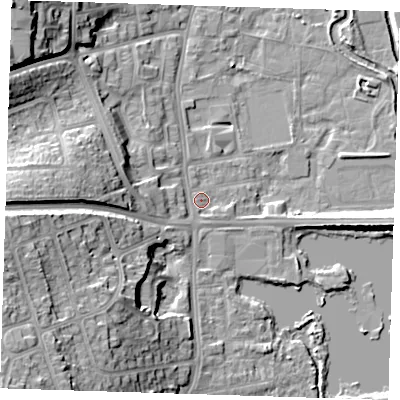 Shaded relief map of the ground around DA11JF, computed from Environment Agency LiDAR. The ground here sits at about 7 m above sea level and falls 24 m across the surrounding 800 m. Surface water reaching this point runs off ground lying to the west, 13.8 m higher.