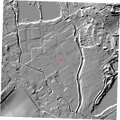 Shaded relief map of the ground around DA11JG, computed from Environment Agency LiDAR. The ground here sits at about 8 m above sea level and falls 34 m across the surrounding 800 m. Surface water reaching this point runs off ground lying to the south, 5.9 m higher.