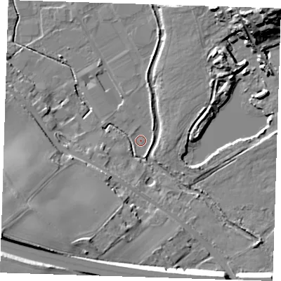 Shaded relief map of the ground around DA11JH, computed from Environment Agency LiDAR. The ground here sits at about 9 m above sea level and falls 30 m across the surrounding 800 m. Surface water reaching this point runs off ground lying to the south-south-east, 2.0 m higher.