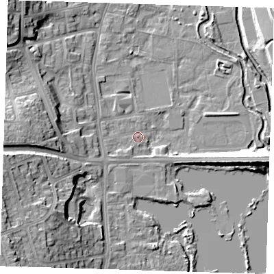 Shaded relief map of the ground around DA11JL, computed from Environment Agency LiDAR. The ground here sits at about 7 m above sea level and falls 21 m across the surrounding 800 m. Surface water reaching this point runs off ground lying to the west-south-west, 2.0 m higher.