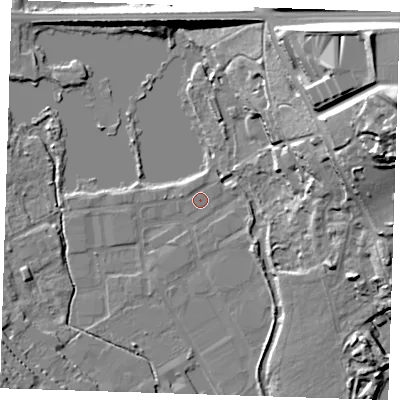 Shaded relief map of the ground around DA11JN, computed from Environment Agency LiDAR. The ground here sits at about 8 m above sea level and falls 37 m across the surrounding 800 m. The ground contributing surface water to this point lies to the north-north-east.