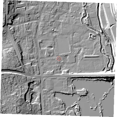 Shaded relief map of the ground around DA11JP, computed from Environment Agency LiDAR. The ground here sits at about 6 m above sea level and falls 21 m across the surrounding 800 m. Surface water reaching this point runs off ground lying to the west-south-west, 1.0 m higher.