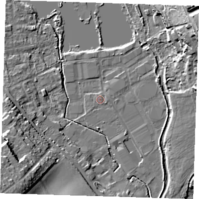 Shaded relief map of the ground around DA11JQ, computed from Environment Agency LiDAR. The ground here sits at about 8 m above sea level and falls 26 m across the surrounding 800 m. Surface water reaching this point runs off ground lying to the east, 0.8 m higher.