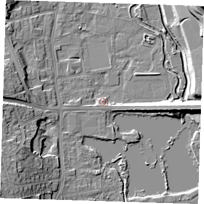 Shaded relief map of the ground around DA11JR, computed from Environment Agency LiDAR. The ground here sits at about 8 m above sea level and falls 23 m across the surrounding 800 m. Surface water reaching this point runs off ground lying to the east, 10.9 m higher.