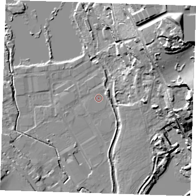 Shaded relief map of the ground around DA11JS, computed from Environment Agency LiDAR. The ground here sits at about 8 m above sea level and falls 37 m across the surrounding 800 m. Surface water reaching this point runs off ground lying to the south-south-east, 2.5 m higher.