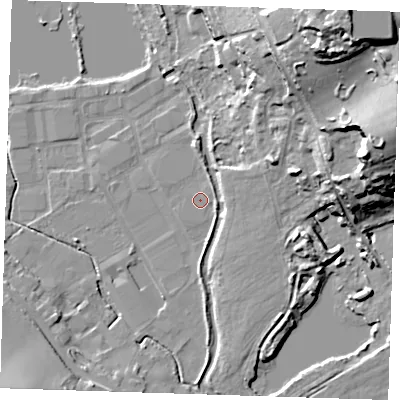 Shaded relief map of the ground around DA11JW, computed from Environment Agency LiDAR. The ground here sits at about 8 m above sea level and falls 35 m across the surrounding 800 m. Surface water reaching this point runs off ground lying to the south-south-east, 2.4 m higher.