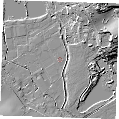 Shaded relief map of the ground around DA11JX, computed from Environment Agency LiDAR. The ground here sits at about 9 m above sea level and falls 34 m across the surrounding 800 m. Surface water reaching this point runs off ground lying to the south-east, 2.4 m higher.