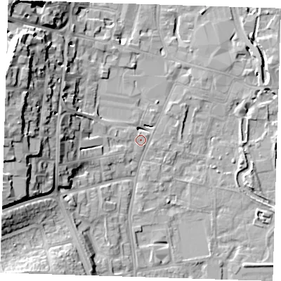 Shaded relief map of the ground around DA11JY, computed from Environment Agency LiDAR. The ground here sits at about 6 m above sea level and falls 24 m across the surrounding 800 m. Surface water reaching this point runs off ground lying to the west-north-west, 19.4 m higher.