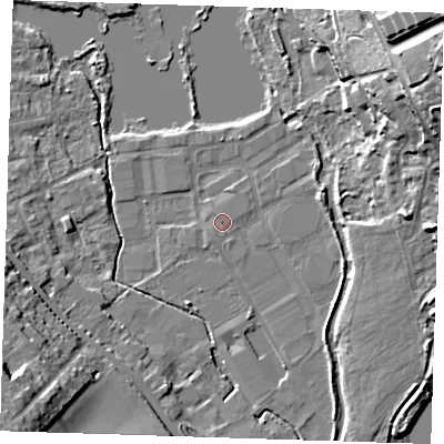Shaded relief map of the ground around DA11JZ, computed from Environment Agency LiDAR. The ground here sits at about 8 m above sea level and falls 31 m across the surrounding 800 m. The ground contributing surface water to this point lies to the south-west.