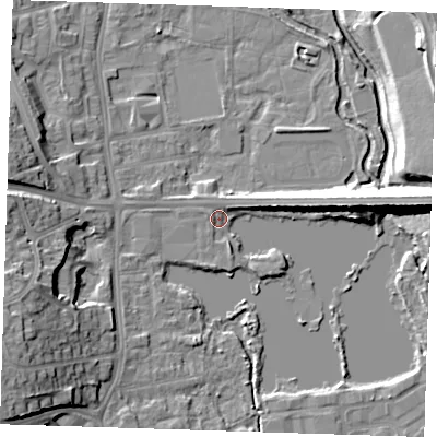 Shaded relief map of the ground around DA11LA, computed from Environment Agency LiDAR. The ground here sits at about 7 m above sea level and falls 18 m across the surrounding 800 m. Surface water reaching this point runs off ground lying to the south-west, 15.9 m higher.