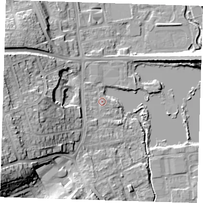 Shaded relief map of the ground around DA11LE, computed from Environment Agency LiDAR. The ground here sits at about 8 m above sea level and falls 23 m across the surrounding 800 m. Surface water reaching this point runs off ground lying to the south-west, 1.9 m higher.