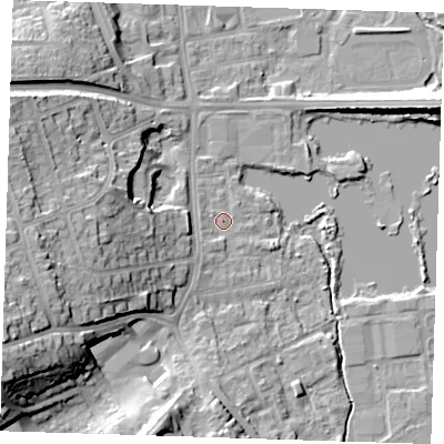 Shaded relief map of the ground around DA11LF, computed from Environment Agency LiDAR. The ground here sits at about 8 m above sea level and falls 24 m across the surrounding 800 m. Surface water reaching this point runs off ground lying to the west-south-west, 1.5 m higher.