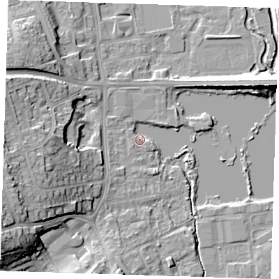 Shaded relief map of the ground around DA11LG, computed from Environment Agency LiDAR. The ground here sits at about 8 m above sea level and falls 22 m across the surrounding 800 m. Surface water reaching this point runs off ground lying to the south-west, 21.4 m higher.