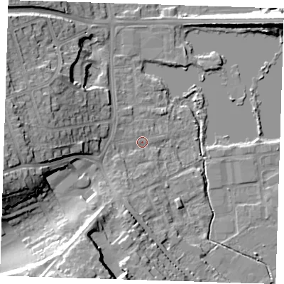 Shaded relief map of the ground around DA11LJ, computed from Environment Agency LiDAR. The ground here sits at about 9 m above sea level and falls 23 m across the surrounding 800 m. Surface water reaching this point runs off ground lying to the south-south-west, 20.2 m higher.