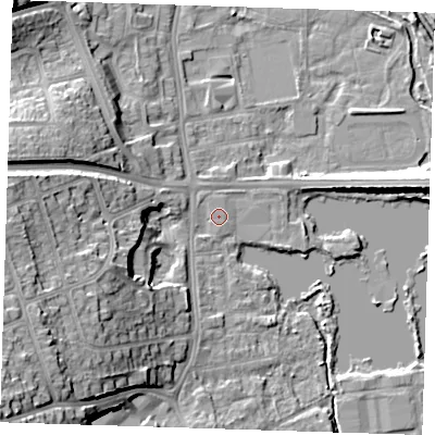 Shaded relief map of the ground around DA11LN, computed from Environment Agency LiDAR. The ground here sits at about 8 m above sea level and falls 25 m across the surrounding 800 m. Surface water reaching this point runs off ground lying to the south-west, 1.2 m higher.