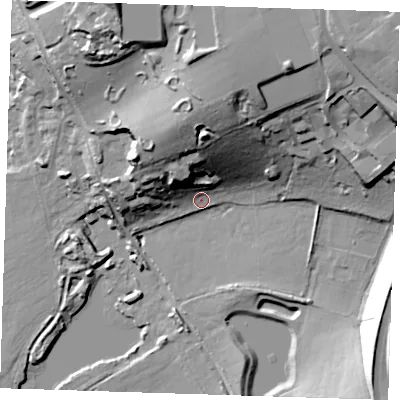 Shaded relief map of the ground around DA11NL, computed from Environment Agency LiDAR. The ground here sits at about 12 m above sea level and falls 37 m across the surrounding 800 m. Surface water reaching this point runs off ground lying to the north-north-west, 25.5 m higher.