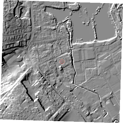 Shaded relief map of the ground around DA11NT, computed from Environment Agency LiDAR. The ground here sits at about 9 m above sea level and falls 29 m across the surrounding 800 m. The ground contributing surface water to this point lies to the south-south-west.