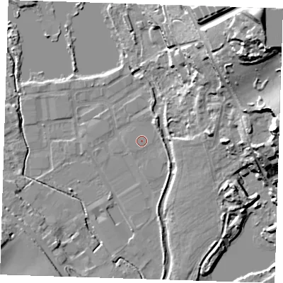 Shaded relief map of the ground around DA11NX, computed from Environment Agency LiDAR. The ground here sits at about 8 m above sea level and falls 37 m across the surrounding 800 m. Surface water reaching this point runs off ground lying to the south-south-east, 2.5 m higher.