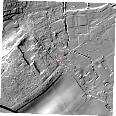 Shaded relief map of the ground around DA11PB, computed from Environment Agency LiDAR. The ground here sits at about 11 m above sea level and falls 31 m across the surrounding 800 m. Surface water reaching this point runs off ground lying to the south-west, 25.8 m higher.