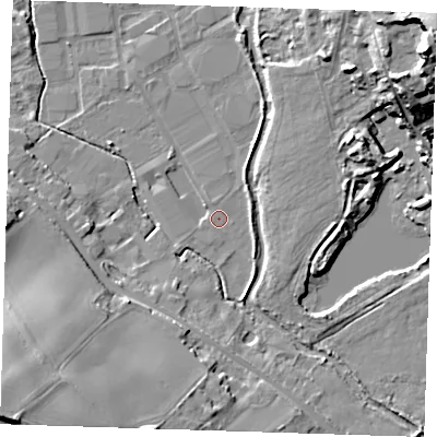 Shaded relief map of the ground around DA11PE, computed from Environment Agency LiDAR. The ground here sits at about 9 m above sea level and falls 29 m across the surrounding 800 m. Surface water reaching this point runs off ground lying to the south-west, 26.9 m higher.