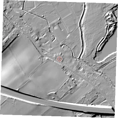 Shaded relief map of the ground around DA11PU, computed from Environment Agency LiDAR. The ground here sits at about 11 m above sea level and falls 32 m across the surrounding 800 m. Surface water reaching this point runs off ground lying to the south-west, 24.1 m higher.