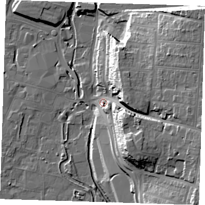 Shaded relief map of the ground around DA11RX, computed from Environment Agency LiDAR. The ground here sits at about 9 m above sea level and falls 33 m across the surrounding 800 m. Surface water reaching this point runs off ground lying to the east-south-east, 25.9 m higher.