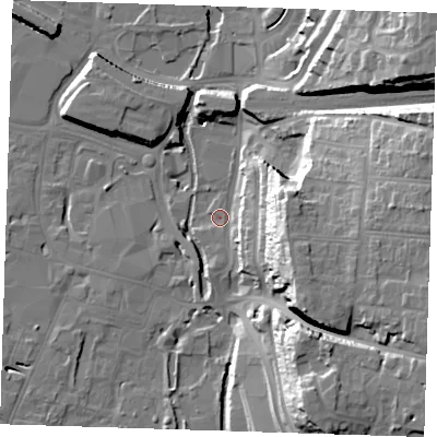 Shaded relief map of the ground around DA11UP, computed from Environment Agency LiDAR. The ground here sits at about 5 m above sea level and falls 31 m across the surrounding 800 m. Surface water reaching this point runs off ground lying to the east-south-east, 24.4 m higher.