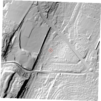 Shaded relief map of the ground around DA121RG, computed from Environment Agency LiDAR. The ground here sits at about 6 m above sea level and falls 33 m across the surrounding 800 m. Surface water reaching this point runs off ground lying to the south-west, 29.3 m higher.