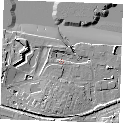 Shaded relief map of the ground around DA122AT, computed from Environment Agency LiDAR. The ground here sits at about 5 m above sea level and falls 22 m across the surrounding 800 m. Surface water reaching this point runs off ground lying to the south-south-west, 15.7 m higher.