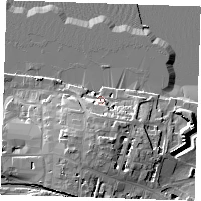 Shaded relief map of the ground around DA122AZ, computed from Environment Agency LiDAR. The ground here sits at about 7 m above sea level and falls 23 m across the surrounding 800 m. Surface water reaching this point runs off ground lying to the south-south-west, 16.5 m higher.