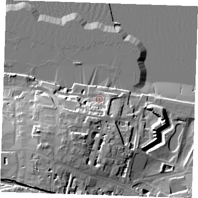 Shaded relief map of the ground around DA122BD, computed from Environment Agency LiDAR. The ground here sits at about 6 m above sea level and falls 23 m across the surrounding 800 m. Surface water reaching this point runs off ground lying to the south-south-west, 13.7 m higher.
