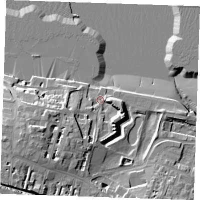 Shaded relief map of the ground around DA122BF, computed from Environment Agency LiDAR. The ground here sits at about 5 m above sea level and falls 23 m across the surrounding 800 m. Surface water reaching this point runs off ground lying to the south-west, 11.3 m higher.