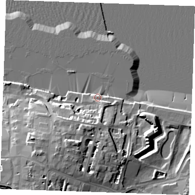 Shaded relief map of the ground around DA122BG, computed from Environment Agency LiDAR. The ground here sits at about 5 m above sea level and falls 21 m across the surrounding 800 m. Surface water reaching this point runs off ground lying to the south-east, 5.0 m higher.