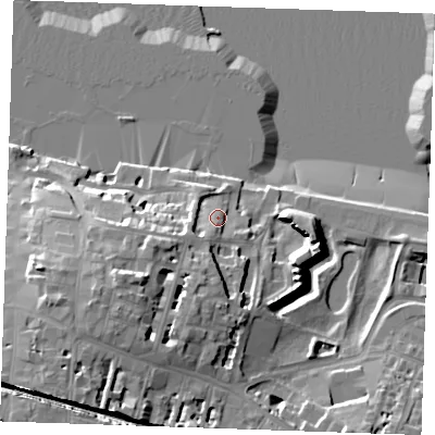 Shaded relief map of the ground around DA122BP, computed from Environment Agency LiDAR. The ground here sits at about 8 m above sea level and falls 24 m across the surrounding 800 m. Surface water reaching this point runs off ground lying to the south-south-west, 10.1 m higher.