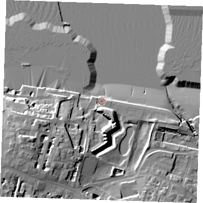 Shaded relief map of the ground around DA122BS, computed from Environment Agency LiDAR. The ground here sits at about 4 m above sea level and falls 22 m across the surrounding 800 m. Surface water reaching this point runs off ground lying to the south-south-west, 4.8 m higher.