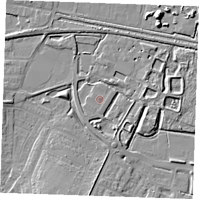 Shaded relief map of the ground around DA122DN, computed from Environment Agency LiDAR. The ground here sits at about 4 m above sea level and falls 10 m across the surrounding 800 m. Surface water reaching this point runs off ground lying to the south, 0.7 m higher.