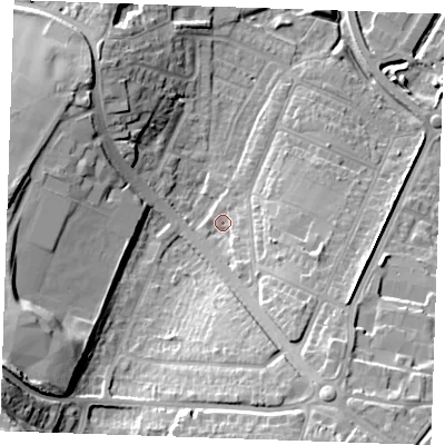 Shaded relief map of the ground around DA122DW, computed from Environment Agency LiDAR. The ground here sits at about 4 m above sea level and falls 25 m across the surrounding 800 m. Surface water reaching this point runs off ground lying to the south-east, 12.4 m higher.