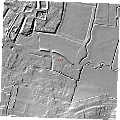 Shaded relief map of the ground around DA122EH, computed from Environment Agency LiDAR. The ground here sits at about 4 m above sea level and falls 16 m across the surrounding 800 m. Surface water reaching this point runs off ground lying to the north-east, 2.3 m higher.