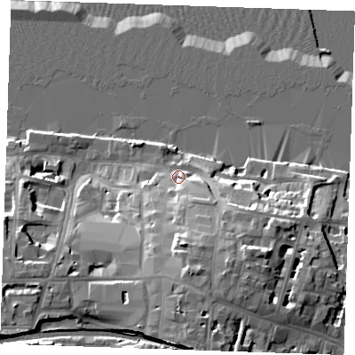 Shaded relief map of the ground around DA122EL, computed from Environment Agency LiDAR. The ground here sits at about 7 m above sea level and falls 23 m across the surrounding 800 m. Surface water reaching this point runs off ground lying to the south, 14.4 m higher.