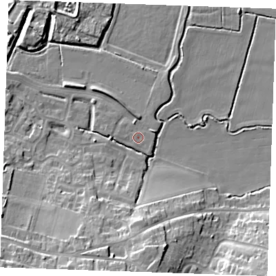 Shaded relief map of the ground around DA122FB, computed from Environment Agency LiDAR. The ground here sits at about 4 m above sea level and falls 18 m across the surrounding 800 m. The ground contributing surface water to this point lies to the north-west.