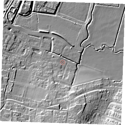 Shaded relief map of the ground around DA122FD, computed from Environment Agency LiDAR. The ground here sits at about 4 m above sea level and falls 20 m across the surrounding 800 m. Surface water reaching this point runs off ground lying to the south, 15.8 m higher.