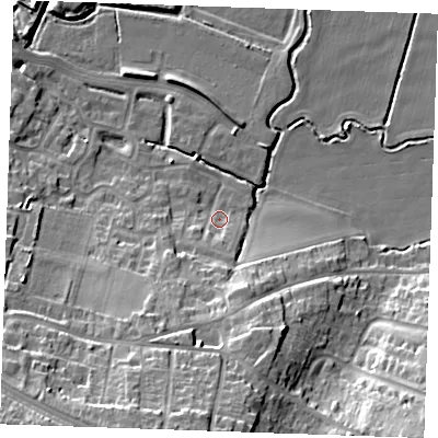 Shaded relief map of the ground around DA122FE, computed from Environment Agency LiDAR. The ground here sits at about 5 m above sea level and falls 23 m across the surrounding 800 m. Surface water reaching this point runs off ground lying to the south-south-west, 19.0 m higher.