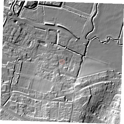 Shaded relief map of the ground around DA122FF, computed from Environment Agency LiDAR. The ground here sits at about 5 m above sea level and falls 23 m across the surrounding 800 m. Surface water reaching this point runs off ground lying to the south-south-west, 10.7 m higher.