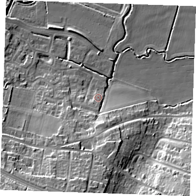 Shaded relief map of the ground around DA122FH, computed from Environment Agency LiDAR. The ground here sits at about 6 m above sea level and falls 24 m across the surrounding 800 m. Surface water reaching this point runs off ground lying to the south, 8.6 m higher.