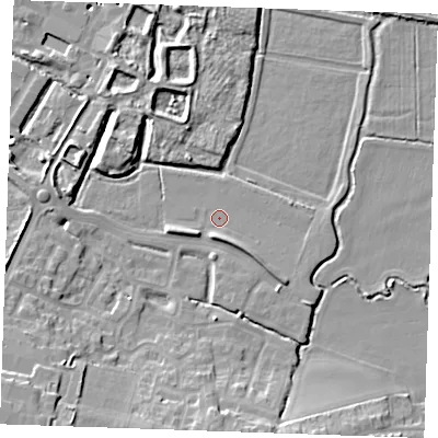 Shaded relief map of the ground around DA122FL, computed from Environment Agency LiDAR. The ground here sits at about 3 m above sea level and falls 12 m across the surrounding 800 m. Surface water reaching this point runs off ground lying to the south-south-east, 2.6 m higher.
