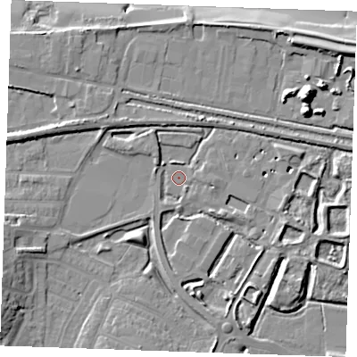 Shaded relief map of the ground around DA122FP, computed from Environment Agency LiDAR. The ground here sits at about 3 m above sea level and falls 13 m across the surrounding 800 m. Surface water reaching this point runs off ground lying to the south-south-east, 5.9 m higher.