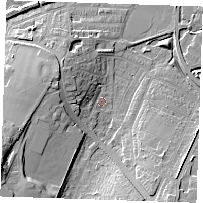 Shaded relief map of the ground around DA122HS, computed from Environment Agency LiDAR. The ground here sits at about 4 m above sea level and falls 24 m across the surrounding 800 m. Surface water reaching this point runs off ground lying to the west-north-west, 9.2 m higher.